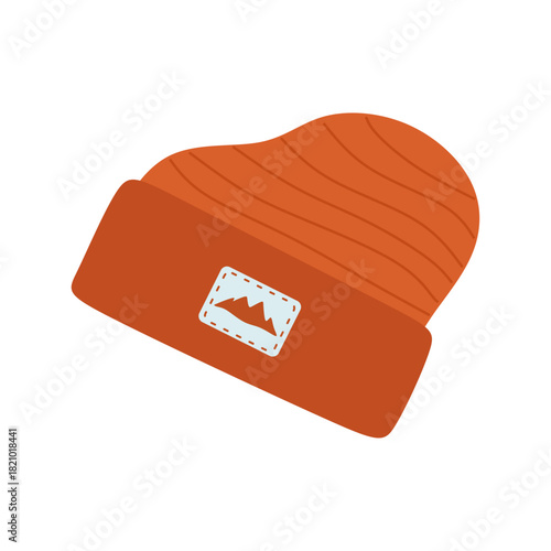 Flat Illustration of Knitted Beanie Hat with Mountain Patch