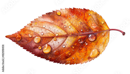 Dew drops on autumn leaf, macro close-up, realistic moist surface glistening in soft morning light, highlighting intricate textures and colors, isolated transparent background PNG perfect for design, 