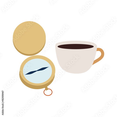 Flat Illustration of Vintage Compass Pointing to Coffee Cup