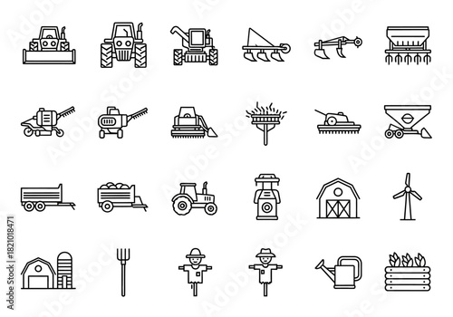 Agriculture and farming equipment outline icon set. Vector symbols for tractor, harvester, plow, seeder, barn, and other rural elements