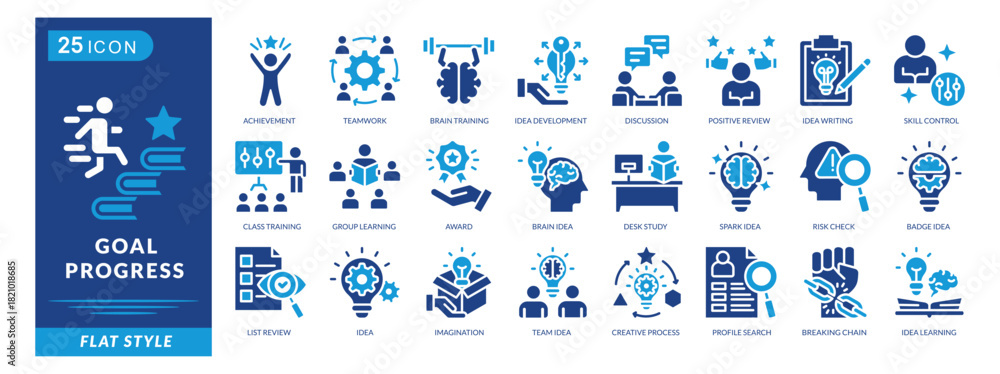 Obraz premium Goal Progress icon set collection in flat style. Icon pack contains achievement, teamwork, group learning, award, brain idea, desk study, spark idea, risk check, and badge idea