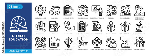 Global Education icon set collection in outline style. Icon pack contains innovation cycle, hand book, checklist review, team discussion, idea solution, team discussion, data analysis, and creation