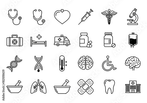 Collection of medical and health care icons. A set of outline symbols for clinic, hospital, pharmacy, and scientific concepts
