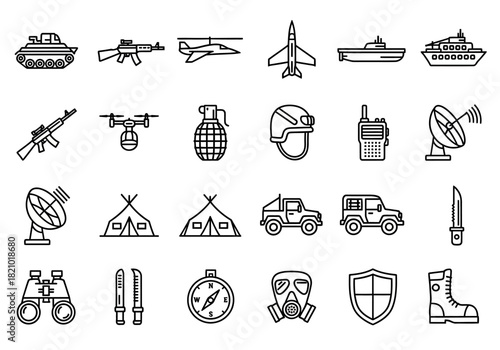 Military and army outline icon collection featuring essential combat gear, weapons, and transport vehicles for strategic design