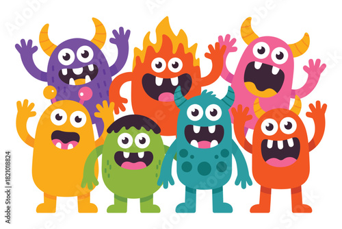 A group of seven cartoon monsters with various colors and expressions are standing together and waving their hands, creating a playful and friendly scene.