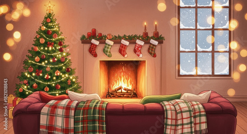 Cozy Christmas Living Room Scene with Fireplace, Decorated Tree, and Snow Falling Outside the Window, Evoking Warmth and Holiday Cheer