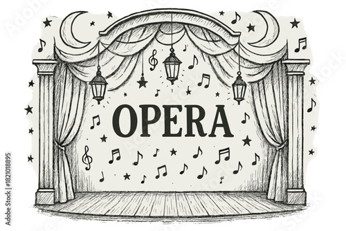 Black and white drawing of a stage curtain with the word Opera written on it