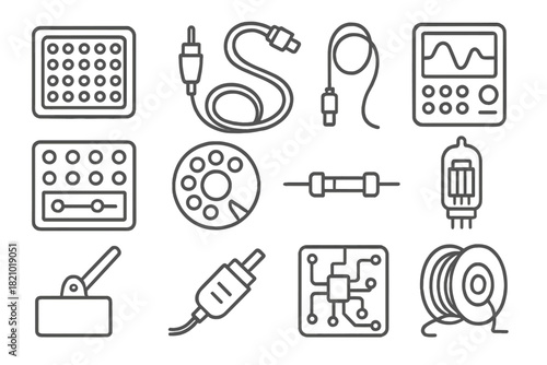 Analog Computer Icons. Line style icons of analog computer: plugboard, knob, wire, analog calculation; patch panel, rotary dial,