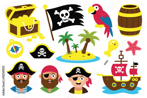 A collection of pirate-themed illustrations including a treasure chest, Jolly Roger flag, parrot, island, ship, and various pirate characters.