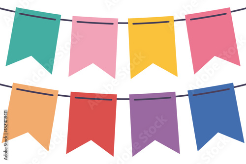A string of colorful pennant flags hangs across a white background, ready to celebrate an event.