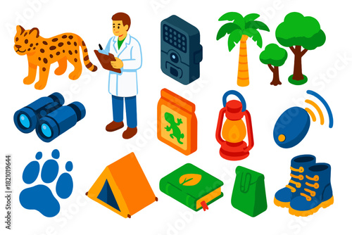 Jungle Species Rediscovery. Isometric vector illustration set Species Rediscovery: rediscovered jungle animal, scientist with