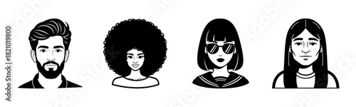 Diverse portraits of young adults with varying hairstyles in black and white