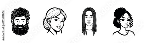 Black and white cartoon portraits of diverse individuals with varied hairstyles