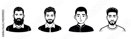 Black and white illustrations of four diverse young adult males with various hairstyles