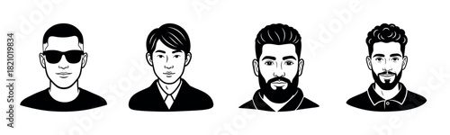 Illustration of diverse male characters with various hairstyles and accessories