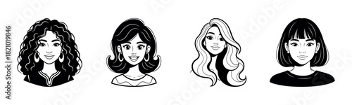 Diverse female portraits: curly, wavy, and straight hair styles