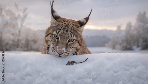 Peering Eurasian lynx head fixing pale green eyes on mouse atop snowbank in winter field