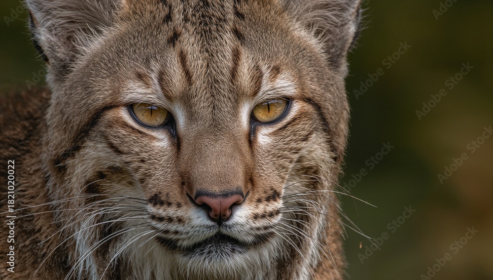 Fototapeta premium Staring lynx-like wild cat filling frame in woodland, showing amber eyes and long whiskers