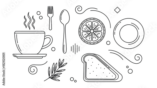 Whimsical hand drawn sketch of a breakfast setting with coffee and pastry