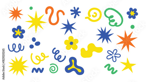 Vibrant abstract shapes and playful doodle elements in a whimsical pattern