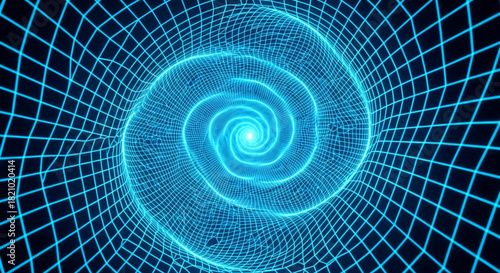 Abstract blue glowing wireframe tunnel vortex in digital cyberspace space