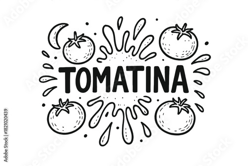 Black and white drawing of a tomato splashing water with the word TOMATINA wri