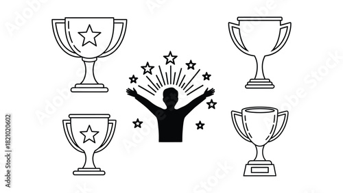 Celebration of victory and achievement with trophies and a victorious silhouette