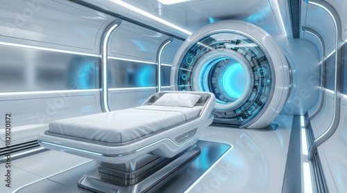 A futuristic medical examination room with a scanner and bed in a sterile white environment