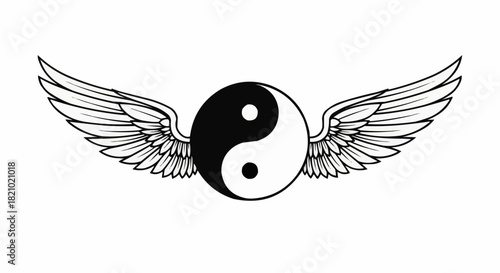 Black and white Yin Yang symbol with feathered angel wings.