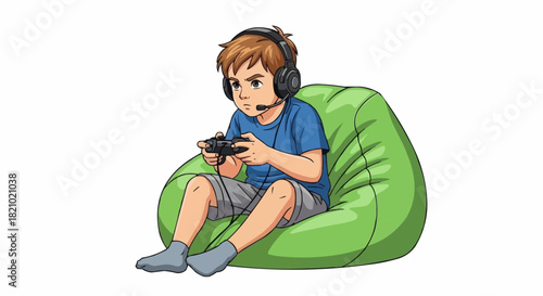Boy immersed in video game on beanbag with headphones.