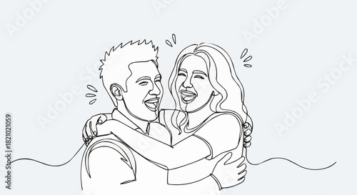 Joyful couple embracing and laughing together in a minimalist line art style.