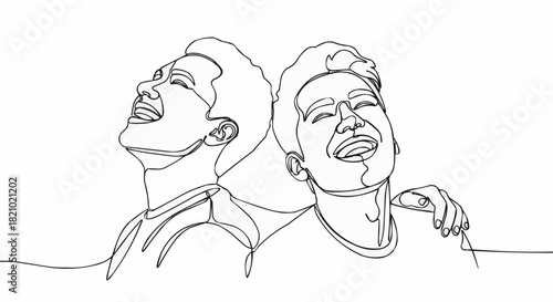 Joyful friends laughing together in a simple line art illustration.