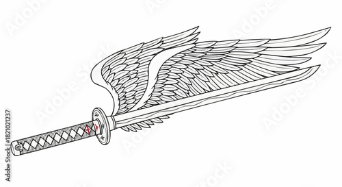 A detailed line drawing of a katana sword with large feathered wings.