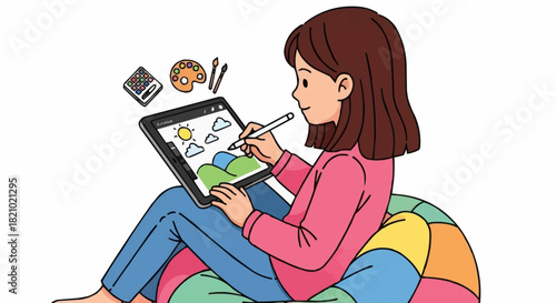 Young girl creating digital art on a tablet computer.