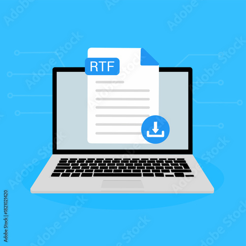 RTF File Download on Laptop. RTF document appearing on a laptop screen with a download icon.