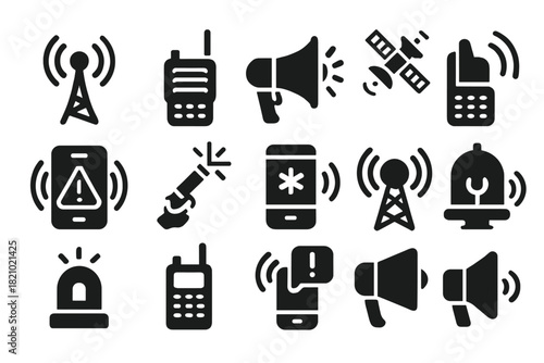 Emergency Communication Icons. Solid style icons of emergency communication: radio antenna, walkie-talkie, megaphone, satellite