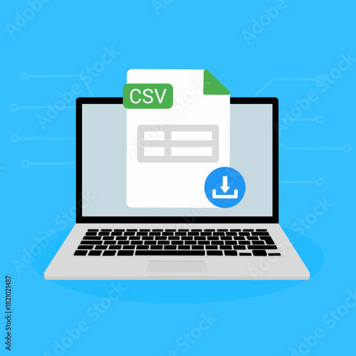 CSV File Download on Laptop. CSV document appearing on a laptop screen with a download icon.