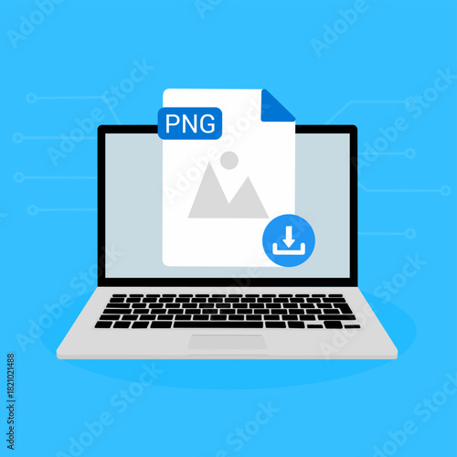 PNG File Download on Laptop. PNG document appearing on a laptop screen with a download icon.