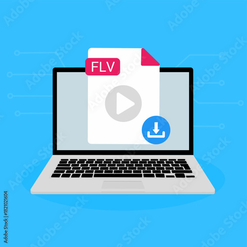 FLV File Download on Laptop. FLV document appearing on a laptop screen with a download icon.