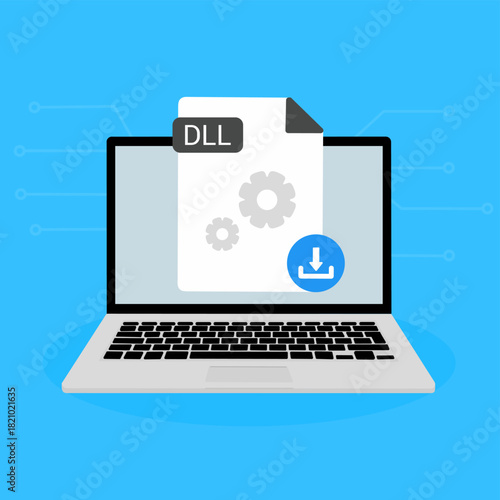 DLL File Download on Laptop. DLL document appearing on a laptop screen with a download icon.