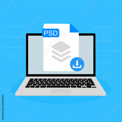 PSD File Download on Laptop. PSD document appearing on a laptop screen with a download icon.