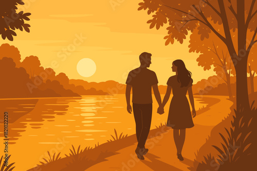 Riverside Romance at Sunset. Romantic riverside scene with a couple walking hand-in-hand at sunset, warm golden vector