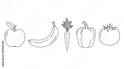 Simple line drawing of fresh fruits and vegetables on a white background