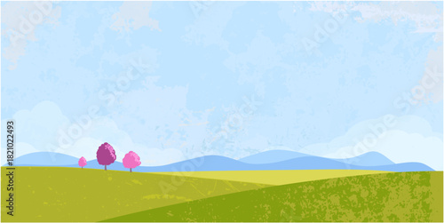 Landscape vector background. Nature wallpaper with blue sky, clouds, mountain, grass and place for your text. Grange and vintage field. Illustration for banner, wall art, cover, decoration temlate.