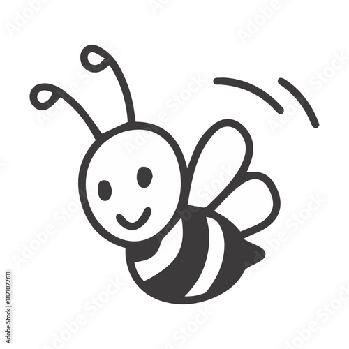 A black and white doodle of a bee turning its head to look back or listen. Cute insect character reacting to a sound or call, drawn in a simple style.