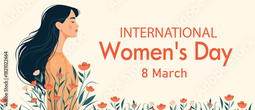 International Women's Day, March 8. Vector horizontal illustration of a woman in profile with long hair, surrounded by wildflowers. Feminism, freedom. Movement for gender equality, women's empowermen