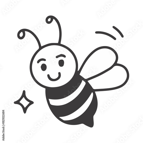 A friendly black and white doodle of a bee looking forward with a smile. Cute insect character with antennas and wings, ready for adventure.
