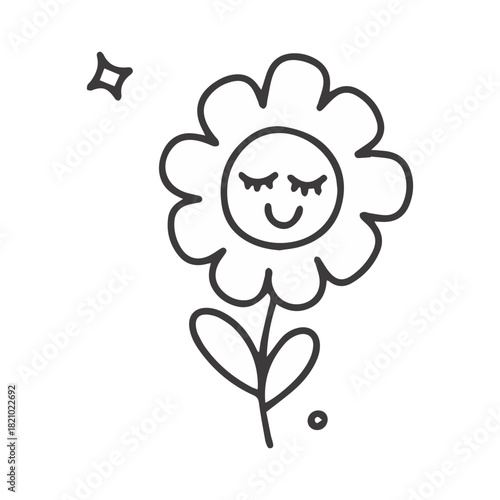 A peaceful black and white doodle of a sleeping flower with closed eyes. Cute floral character resting or dreaming, ideal for bedtime themes.