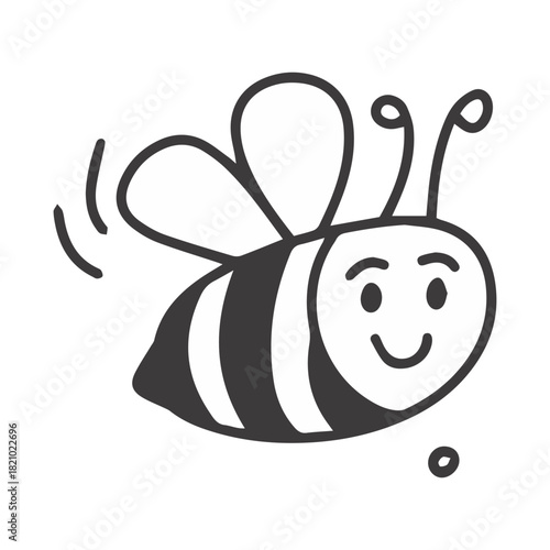 A black and white doodle of a chubby bee with a round body. Funny fat insect character looking cute and full of honey, drawn in a simple line style.