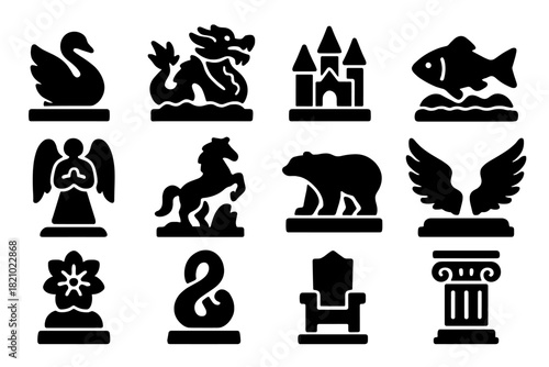 Festival Sculpture Icons. Solid style icons of Festival Sculptures: swan ice statue, dragon carving, ice castle, frozen fish,